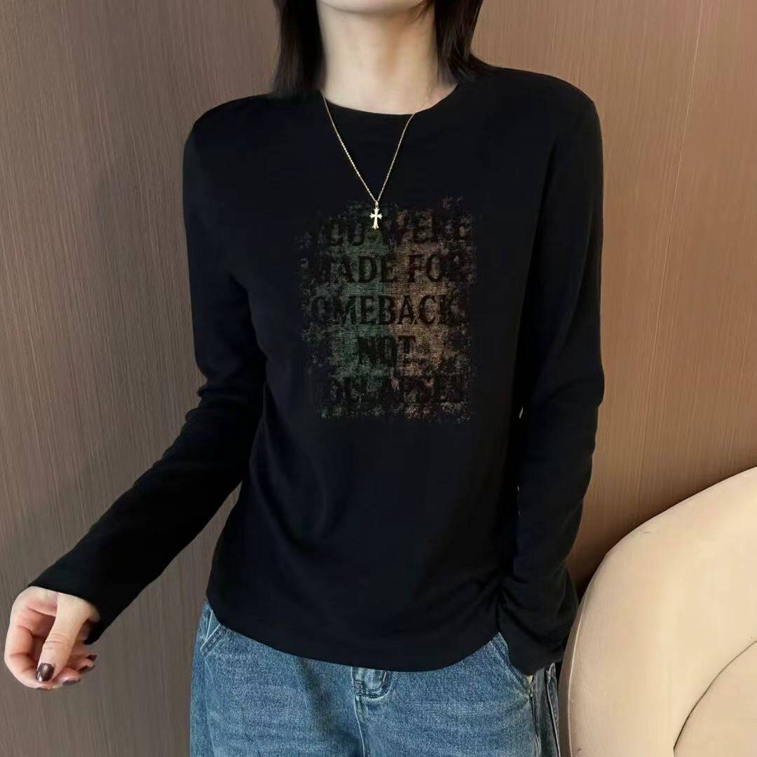 2026早秋新款复古风长袖圆领字母印花T恤女韩版百搭打底上衣32875