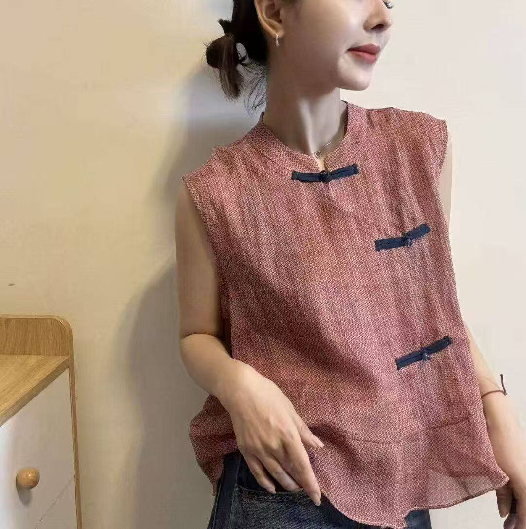 新中式立领盘扣无袖上衣女2026夏季新款显瘦百搭国风衬衫潮32536
