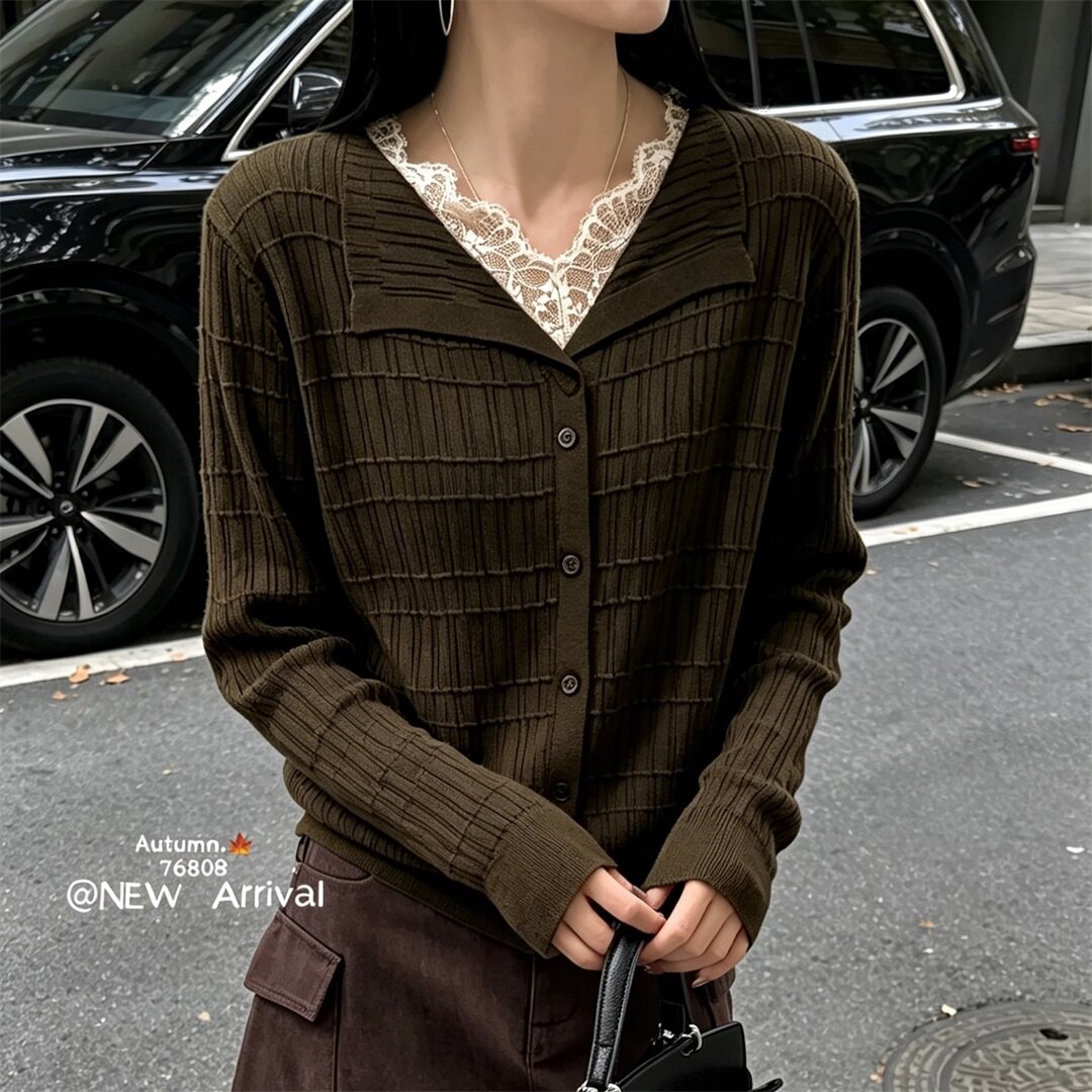 温柔风V领蕾丝拼接假两件针织开衫女2026秋冬新款百搭毛衣wm76808