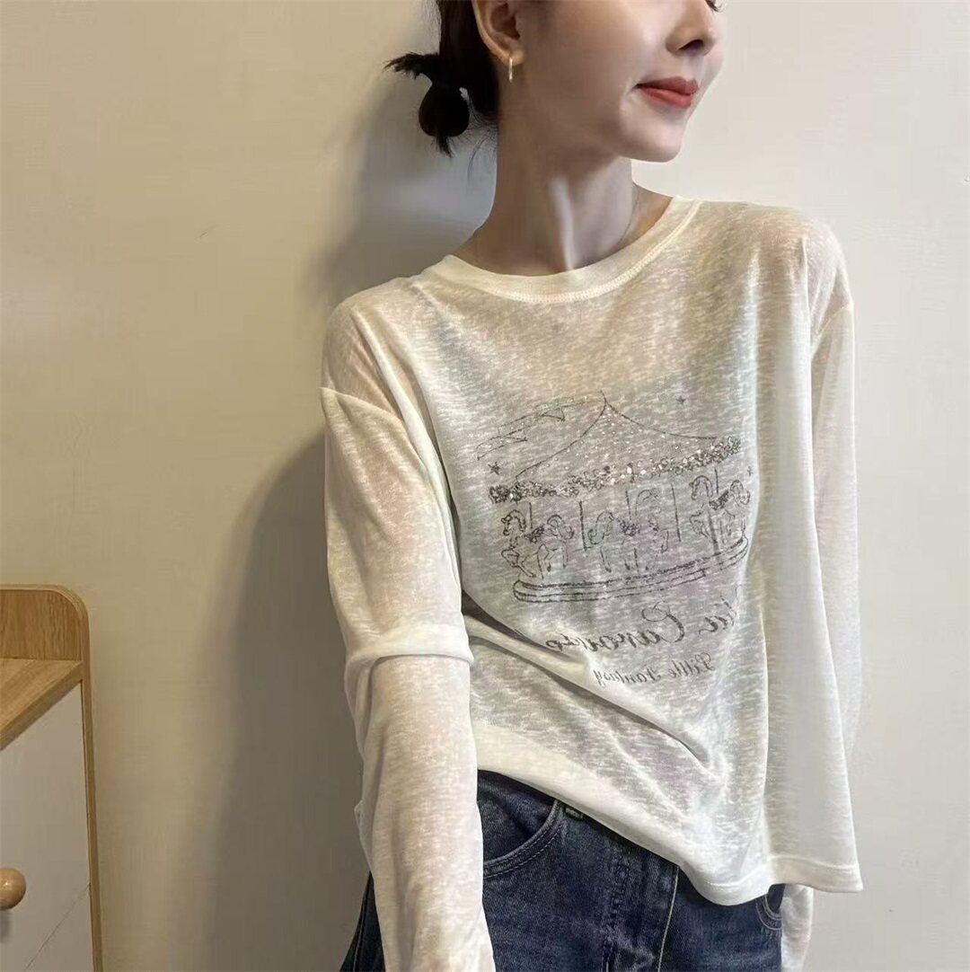 慵懒风圆领宽松印花长袖T恤女2026夏季新款显瘦套头防晒上衣32207