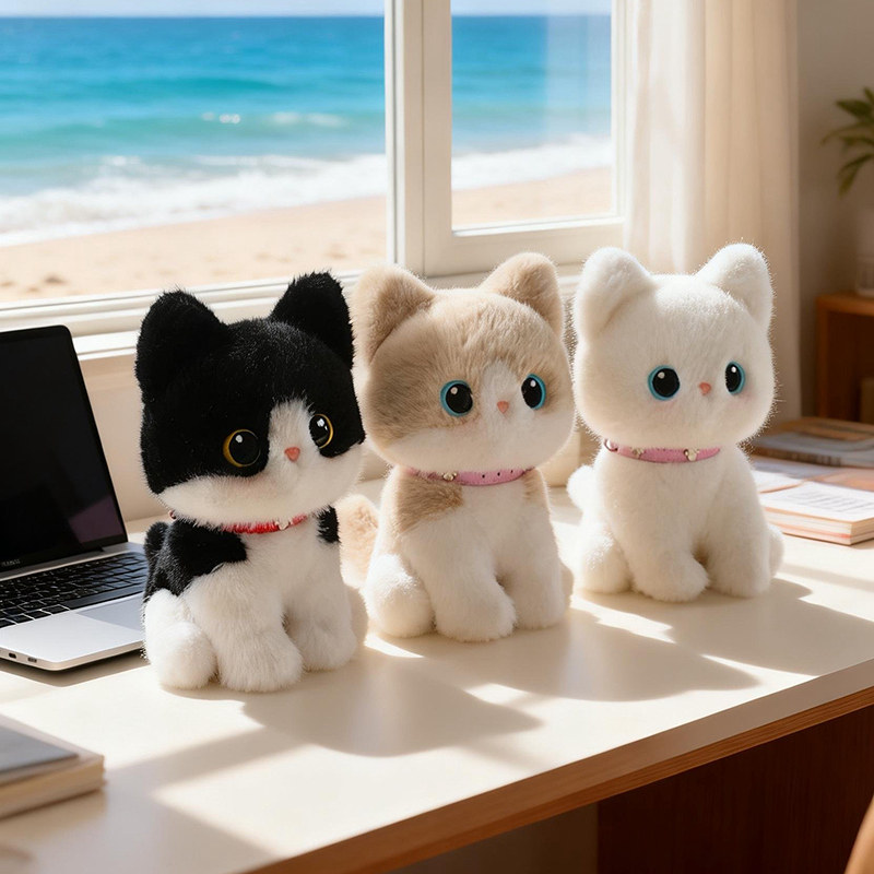 蹲姿皮皮小猫毛绒玩具可爱三花猫公仔抱枕PP棉填充陪伴玩偶礼物