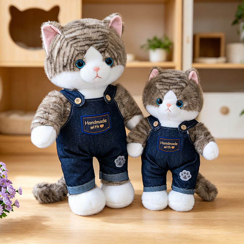 可爱牛仔背带裤猫咪毛绒玩具动物公仔布艺玩偶PP棉填充情侣礼物