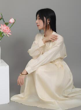 秋季文艺复古休闲原创女装柞蚕丝轻薄质感法式古典真丝长款连衣裙