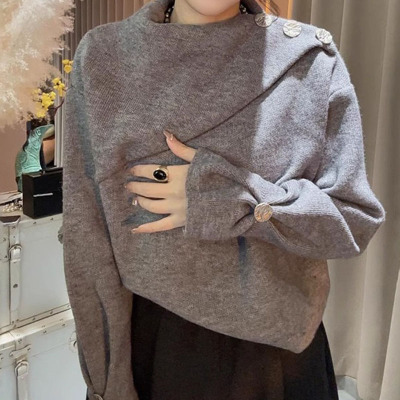 法式不规则半高领毛衣女秋冬新款