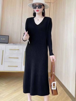 法式直筒毛衣裙毛线纯色坑条折扣