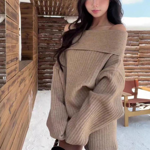 早秋新款韩系套装女高级感时尚一字肩套头毛衣高腰短裤针织两件套