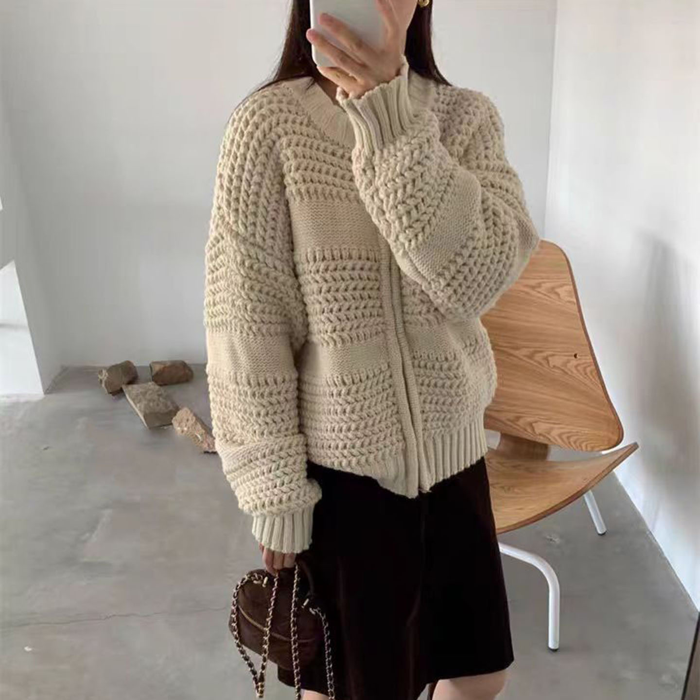 高级感复古菠萝针粗线针织开衫女