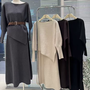 法式温柔风蝙蝠袖不规则上衣+高腰显瘦遮肉半身裙针织两件套女潮