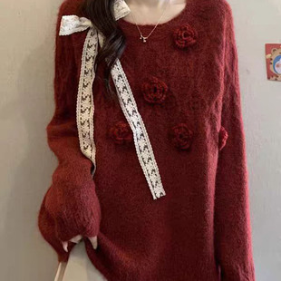 遮肉显瘦针织上衣潮 胖mm时尚 韩系蕾丝系带立体花朵毛衣女秋季 新款