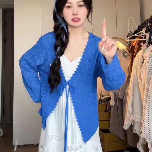 高级感克莱因蓝镂空系带针织衫女