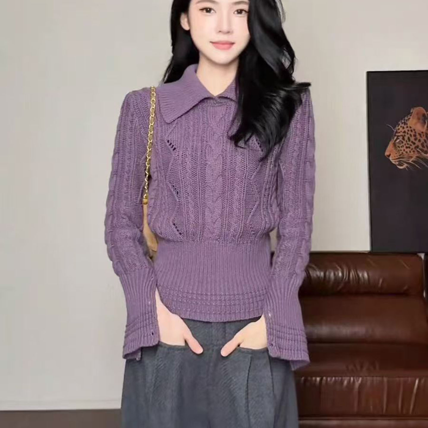 法式紫色毛衣翻领麻花套头针织衫女秋冬新款时尚宽松显瘦chic上衣