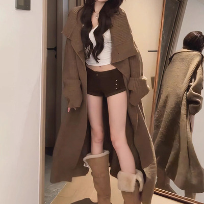 美拉德翻领长款毛衣针织开衫外套