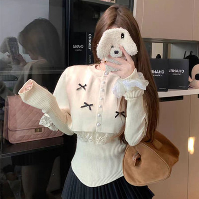 蝴蝶结蕾丝花边拼接斗篷针织衫