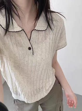 韩系娃娃领一扣花纹短袖针织衫女