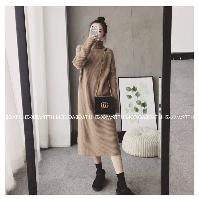 加厚加绒过膝针织毛衣女宽松高领保暖连衣裙轻奢气质冬季长款内搭