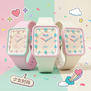 FILA斐乐卡通手表学生初高中女生腕表小方壳石英硅胶表带防水6759