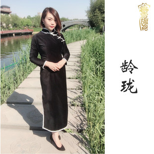 暮雪旗袍宋美龄同款龄珑纯棉植绒蕾丝花边民国复古前开襟长款长袖