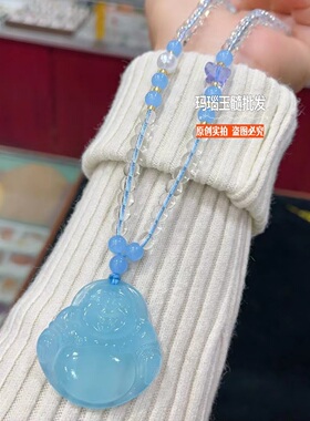 高冰土耳其蓝色玉髓佛公吊坠天空蓝佛公中佛项链秋冬毛衣链本命坠
