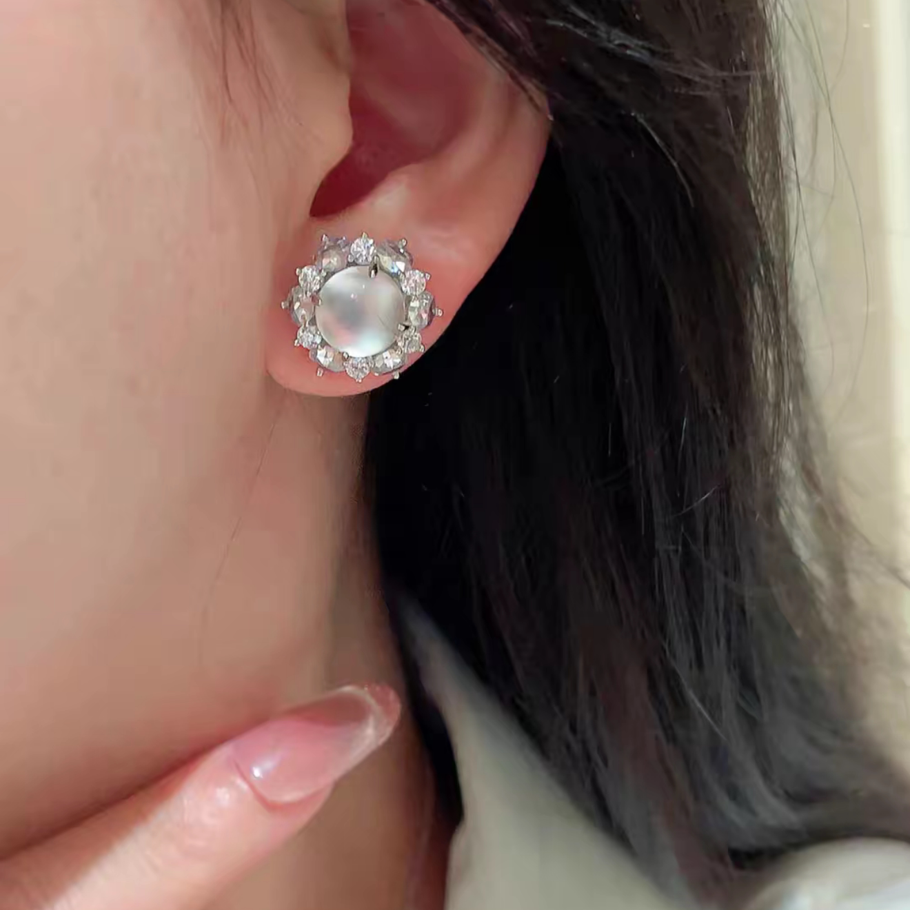 天然冰种玉髓耳钉女款镶嵌白玛瑙耳坠新中式国风耳环豪华版送女友