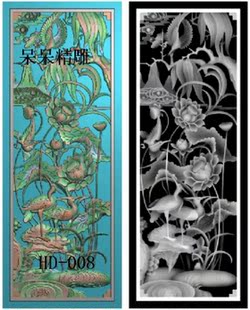 荷花山水花鸟精雕图竖版隔断背板门板靠背木雕石雕浮雕图灰度图