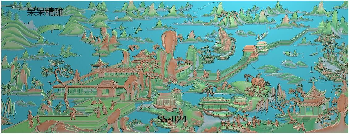 精雕图木雕山水风景房子松树人物大板背板靠背横屏浮雕图灰度图