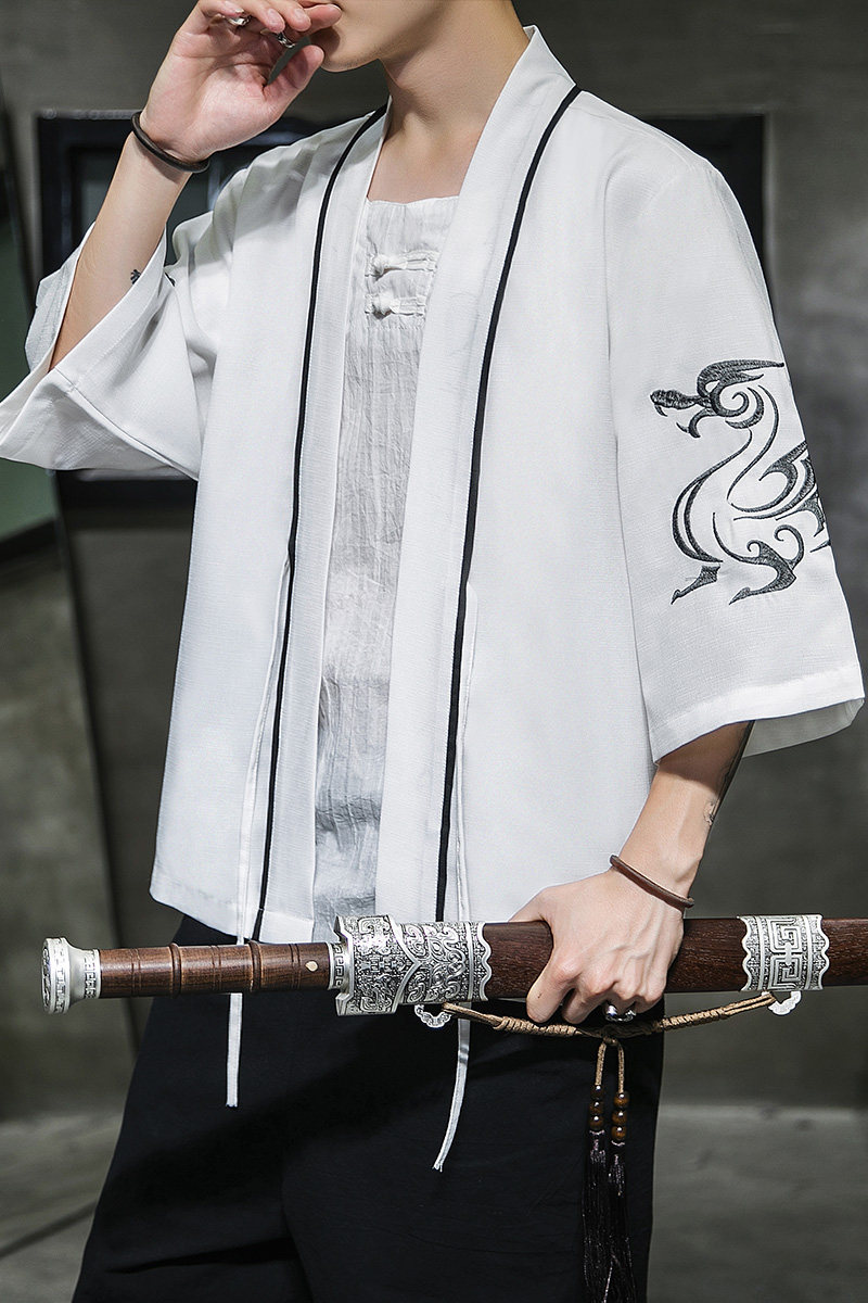 W基地风夏装银龙刺绣汉服开衫衬衫白色A032/2202/50控68,男装衬衫,电商A032