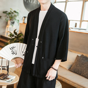 咖啡厅 风夏装七分袖开衫纯色汉服衬衣黑色A032/1821/特P40图片