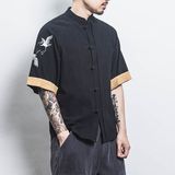 白墙风男士短袖衬衫仙鹤刺绣衬衣白色A032/DS003/50控68，男装衬衫，电商A032