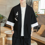 咖啡厅风夏装男士汉服仙鹤刺绣开衫湖蓝色A032/KS003/50控68，男装衬衫，电商A032
