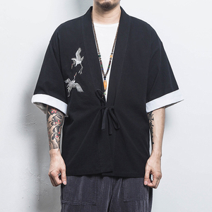 白墙 风夏装男士汉服仙鹤刺绣开衫黑色A032/KS003/50控68图片