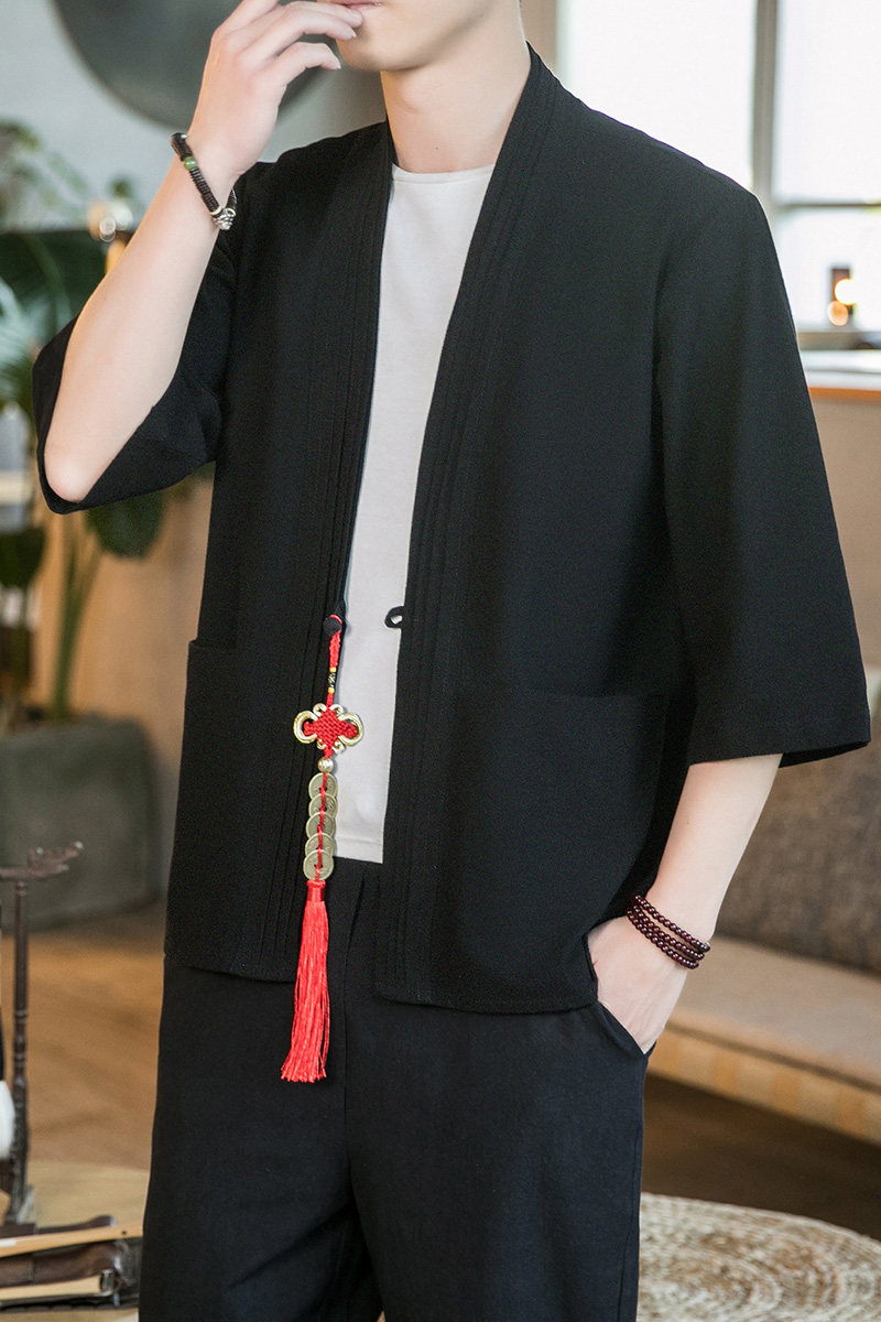 咖啡厅夏季风纯色汉服开衫灰色七分袖铜钱道袍A032/KS006/60,男装衬衫,电商A032