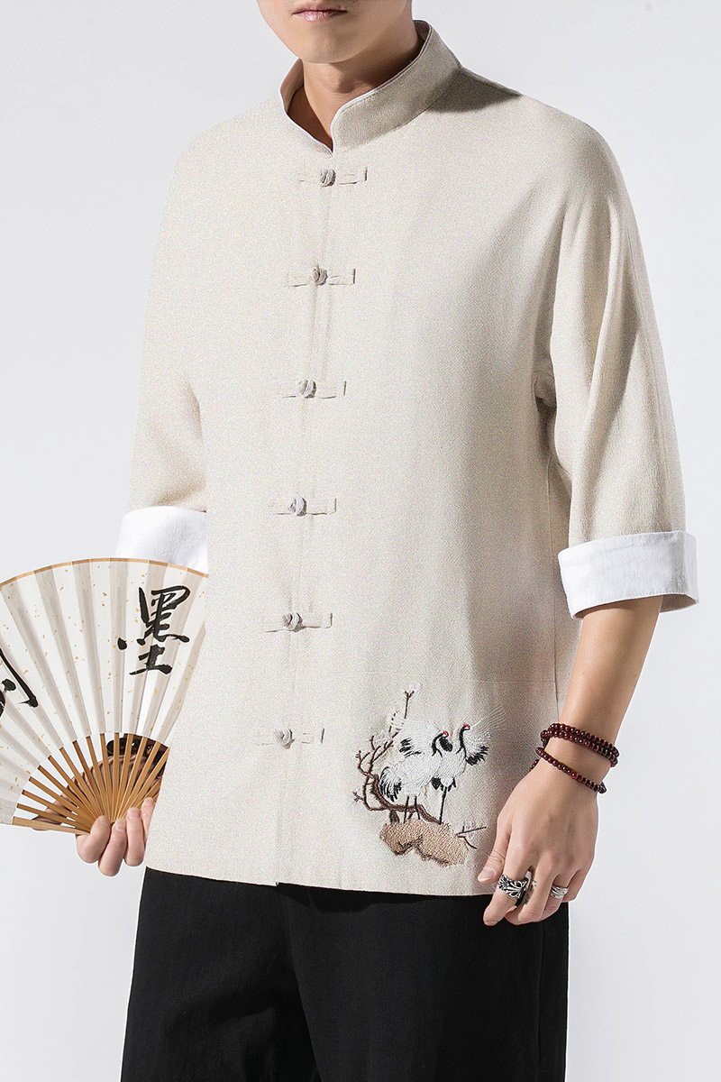 白墙2022男士撞色扣子复古七分短袖衬衫麻本色A032/C62/55控68,男装衬衫,电商A032