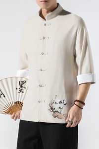 白墙 2022男士撞色扣子复古七分短袖衬衫麻本色 A032/C62/55控68图片