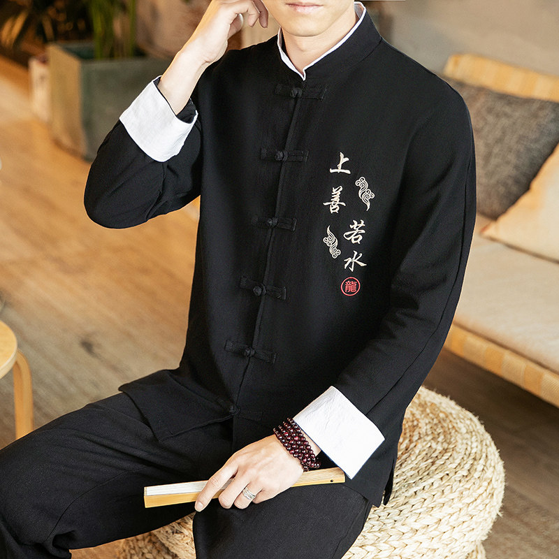 咖啡厅风春装男士上善若水刺绣长袖衬衫黑色A032/C21/55控68,男装衬衫,电商A032