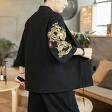 咖啡厅风夏装男士汉服龙刺绣开衫黑色A032/KS002/50控68，男装衬衫，电商A032