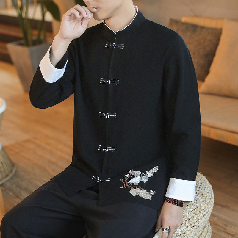 咖啡厅风春装男士衣脚鹤刺绣长袖衬衫黑色A032/C25/65控78,男装衬衫,电商A032