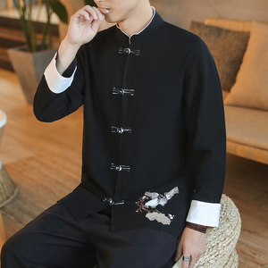 咖啡厅 风春装男士衣脚鹤刺绣长袖衬衫黑色  A032/C25/65控78图片