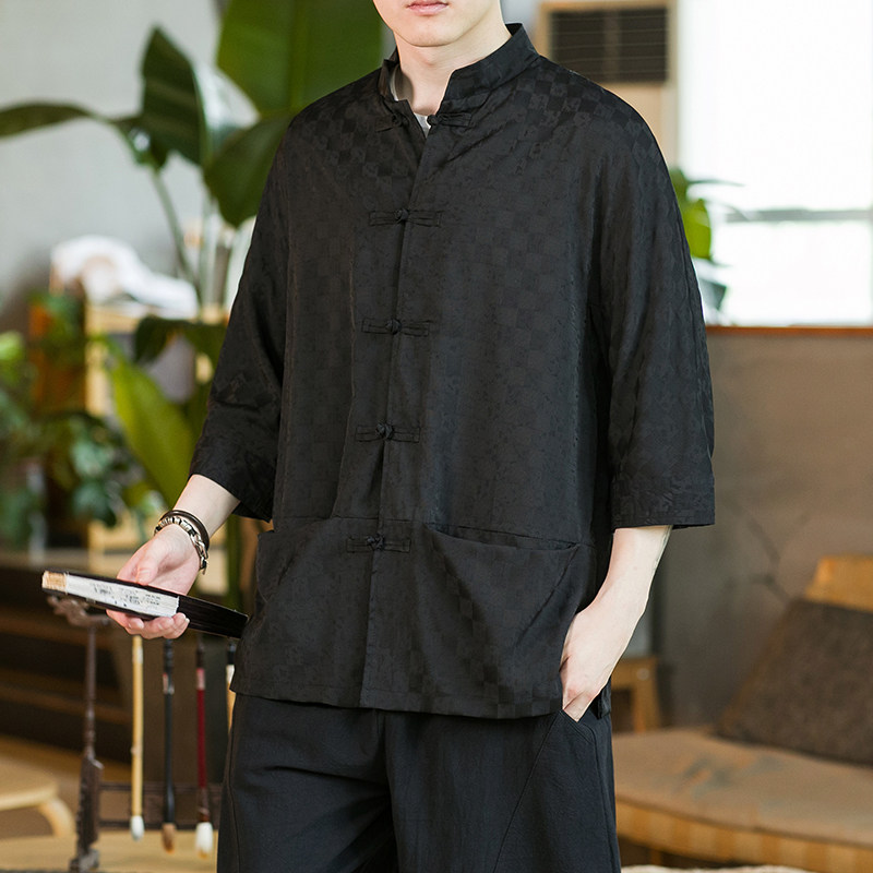 咖啡厅黑色 2024新款夏季男士复古冰丝大码风衬衫A032/C70/75图片
