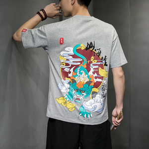 风夏装山海经系列情侣印花男士短袖T恤貔貅白色A032/T106/35图片