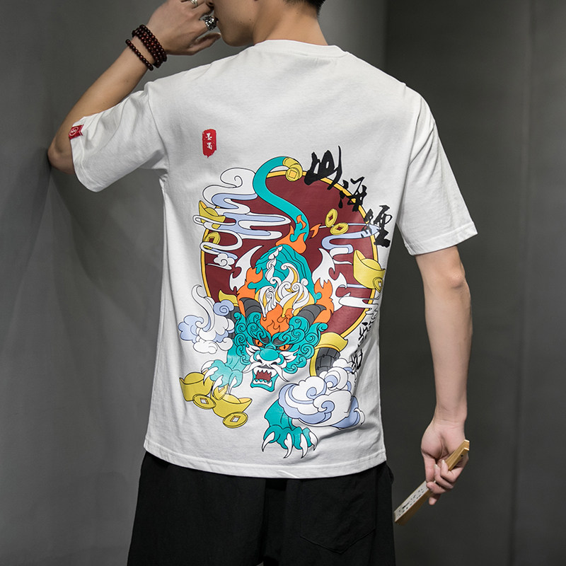 风夏装山海经系列情侣印花男士短袖T恤貔貅白色A032/T106/35,男装T恤,电商A032