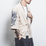 白墙风夏装男士汉服龙刺绣开衫卡其色A032/KS002/50控68，男装衬衫，电商A032