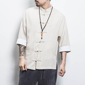 白墙风夏装 男士七分袖衬衫棉麻短袖衬衣红色A032/C66/55控68图片