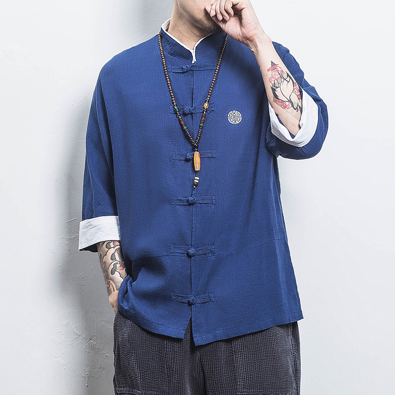 白墙风夏装男士七分袖衬衫棉麻短袖衬衣红色A032/C66/55控68,男装衬衫,电商A032