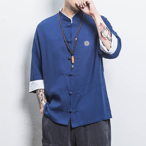 白墙风夏装 男士七分袖衬衫棉麻短袖衬衣红色A032/C66/55控68图片