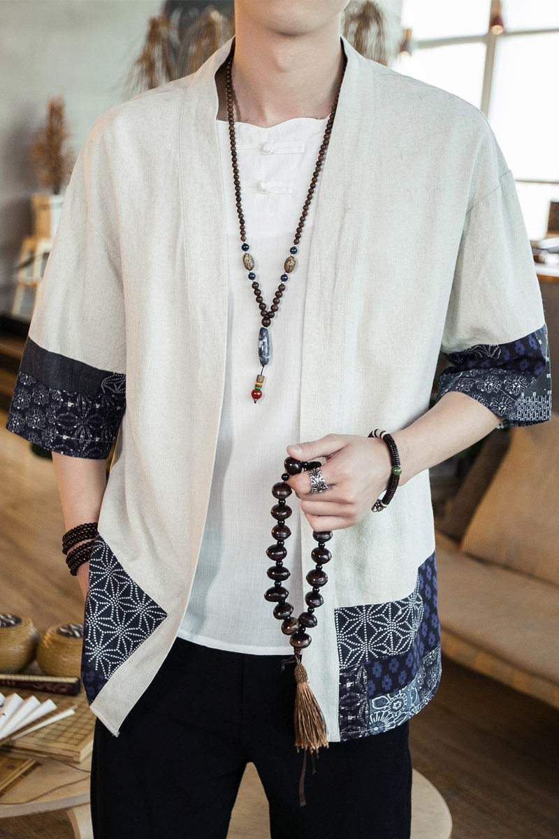 风拼接七分袖棉麻男士汉服开衫A032/1809/特P30,男装衬衫,电商A032