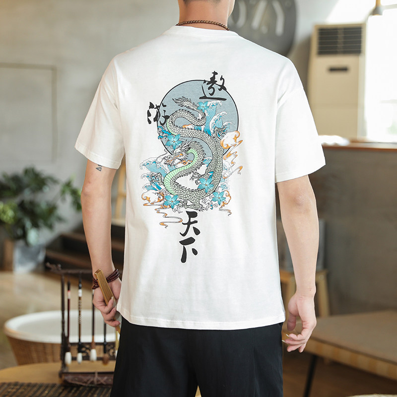 咖啡厅风男士短袖T恤衫遨游天下印花潮T恤白色A032/T201/35图片