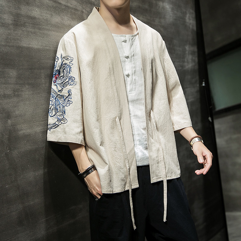 W基地风夏装男士汉服龙刺绣开衫黑色A032/KS002/50控68,男装衬衫,电商A032