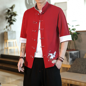 2022风男士撞色扣子复古七分短袖衬衫红A032/C62/55控68图片
