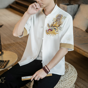 咖啡厅 风春装男士胸前龙刺绣短袖衬衫白色  A032/C68/55控68图片