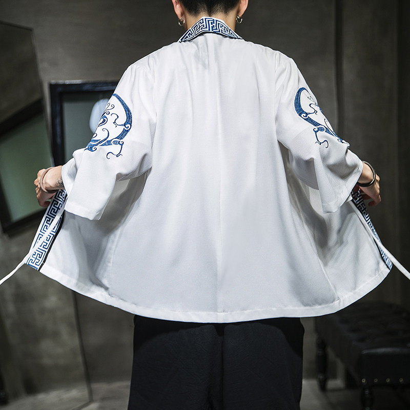 W基地风圆龙刺绣七分袖开衫汉服防晒衣黑色A032/2201/50控68,男装衬衫,电商A032